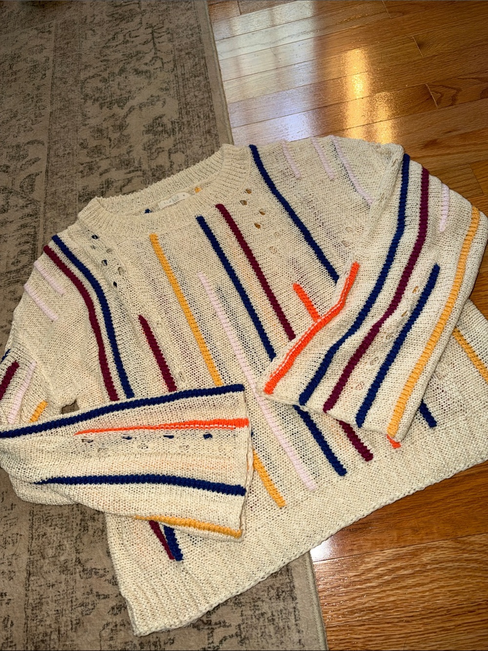Illa Illa Cream Multi-Color Vertical Raised Stripe Open-Knit Sweater - Medium